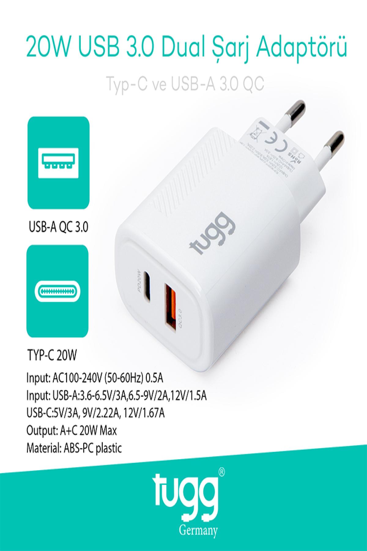 Tugg Germany 104403 Şarj Başlık USB+Type-C Girişli 20W