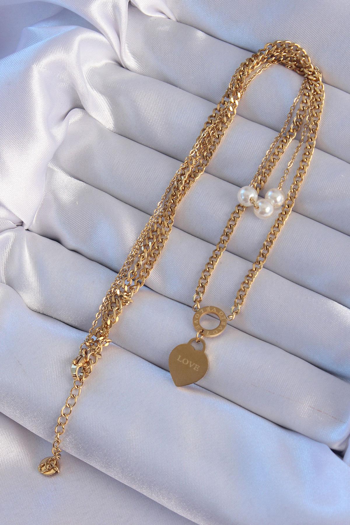 Çelik Gold Renk Çift Zincir İnci Detayı Love Kalp Kolye