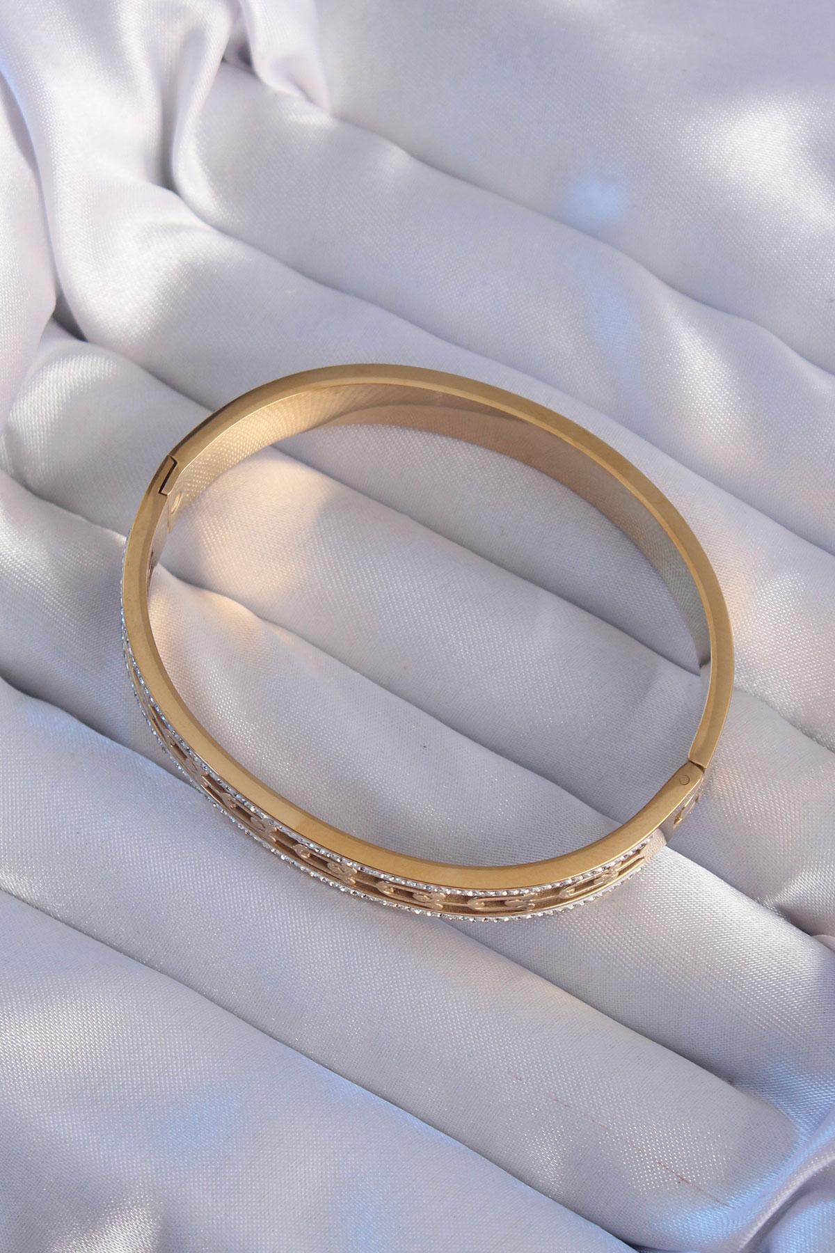 Çelik Gold Renk Zirkon Taşlı Tiffany Model Kelepçe