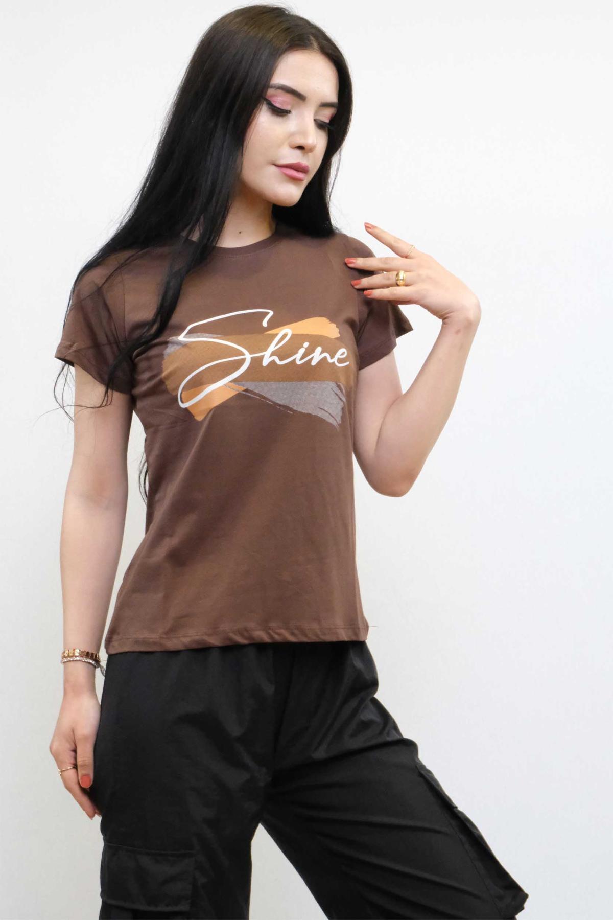 Shine Baskılı Tshirt Kahve Kahverengi