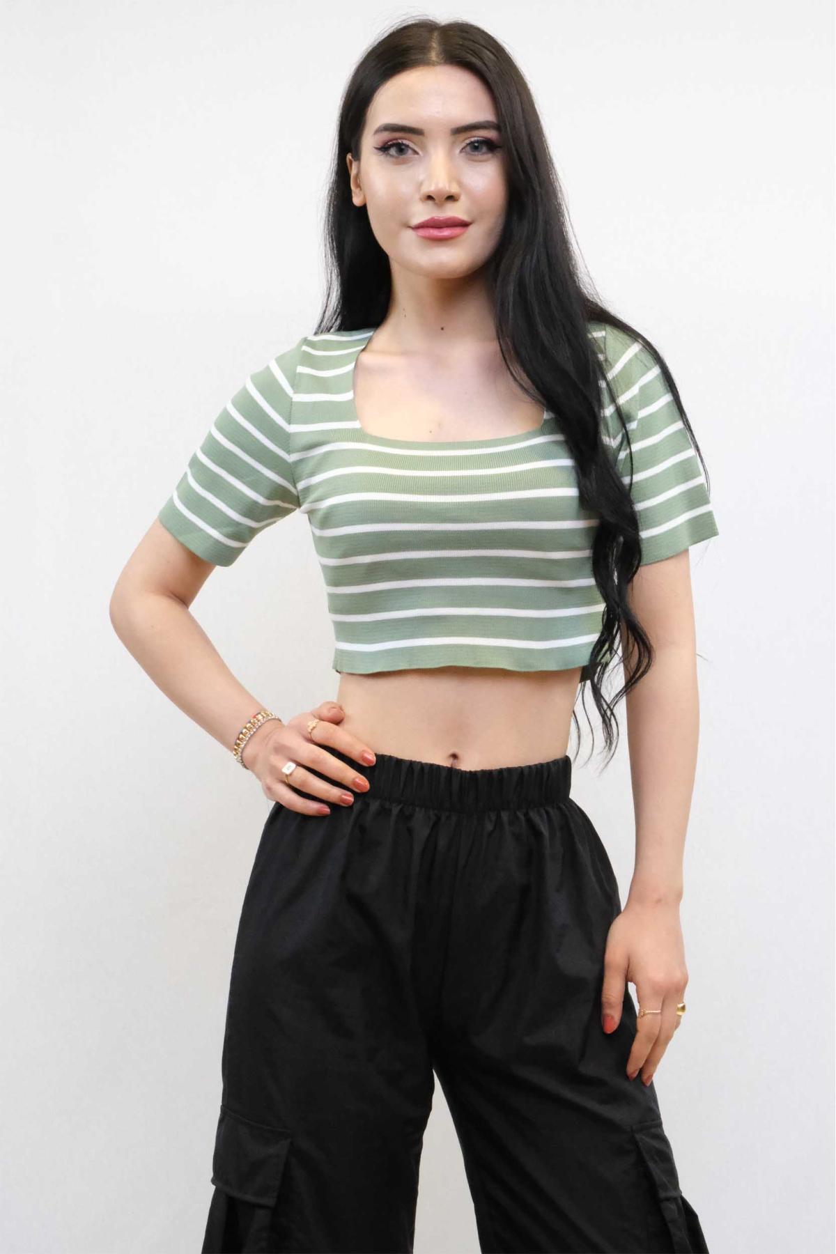 Triko Crop Çizgili Mint MİNT YEŞİLİ