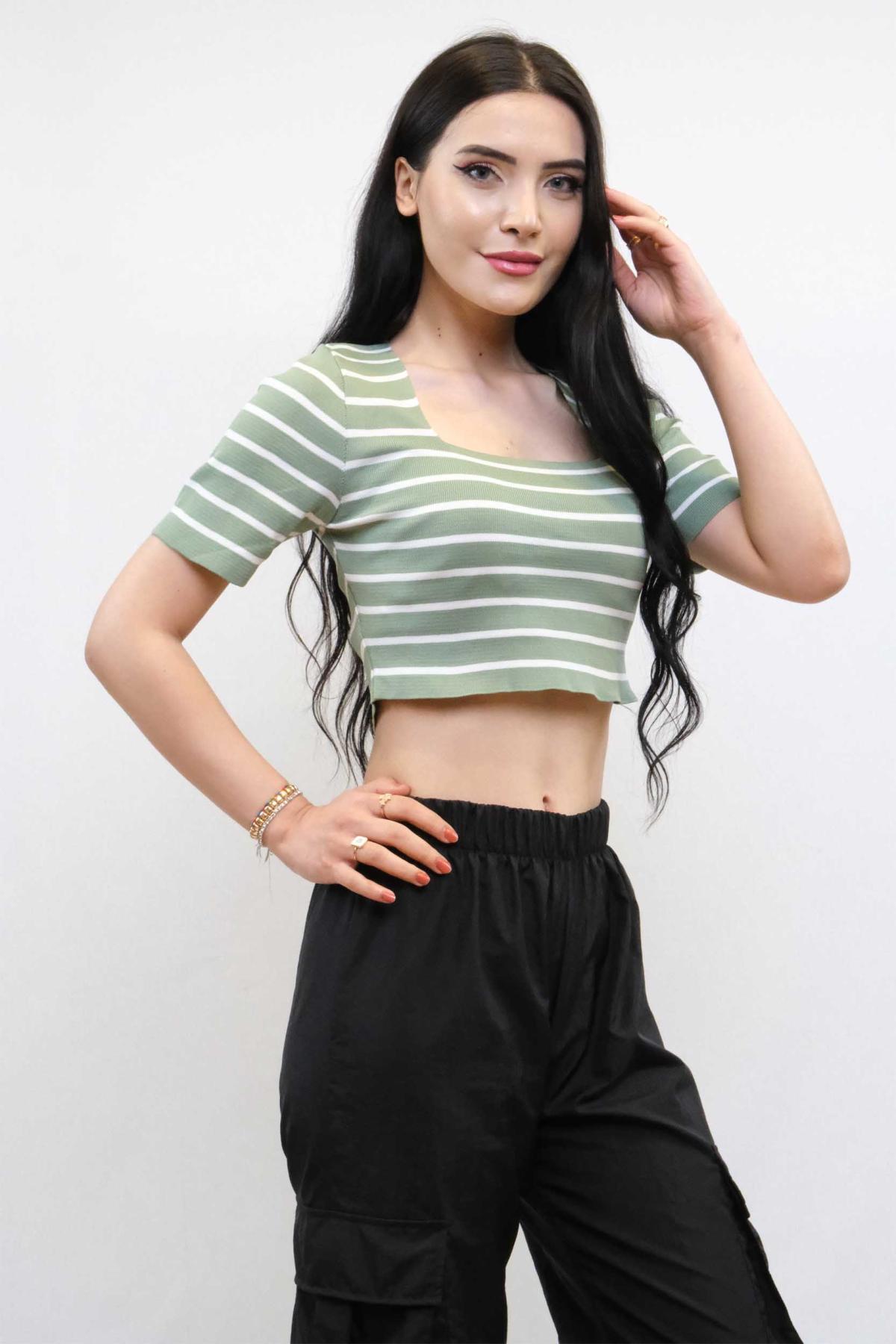 Triko Crop Çizgili Mint MİNT YEŞİLİ