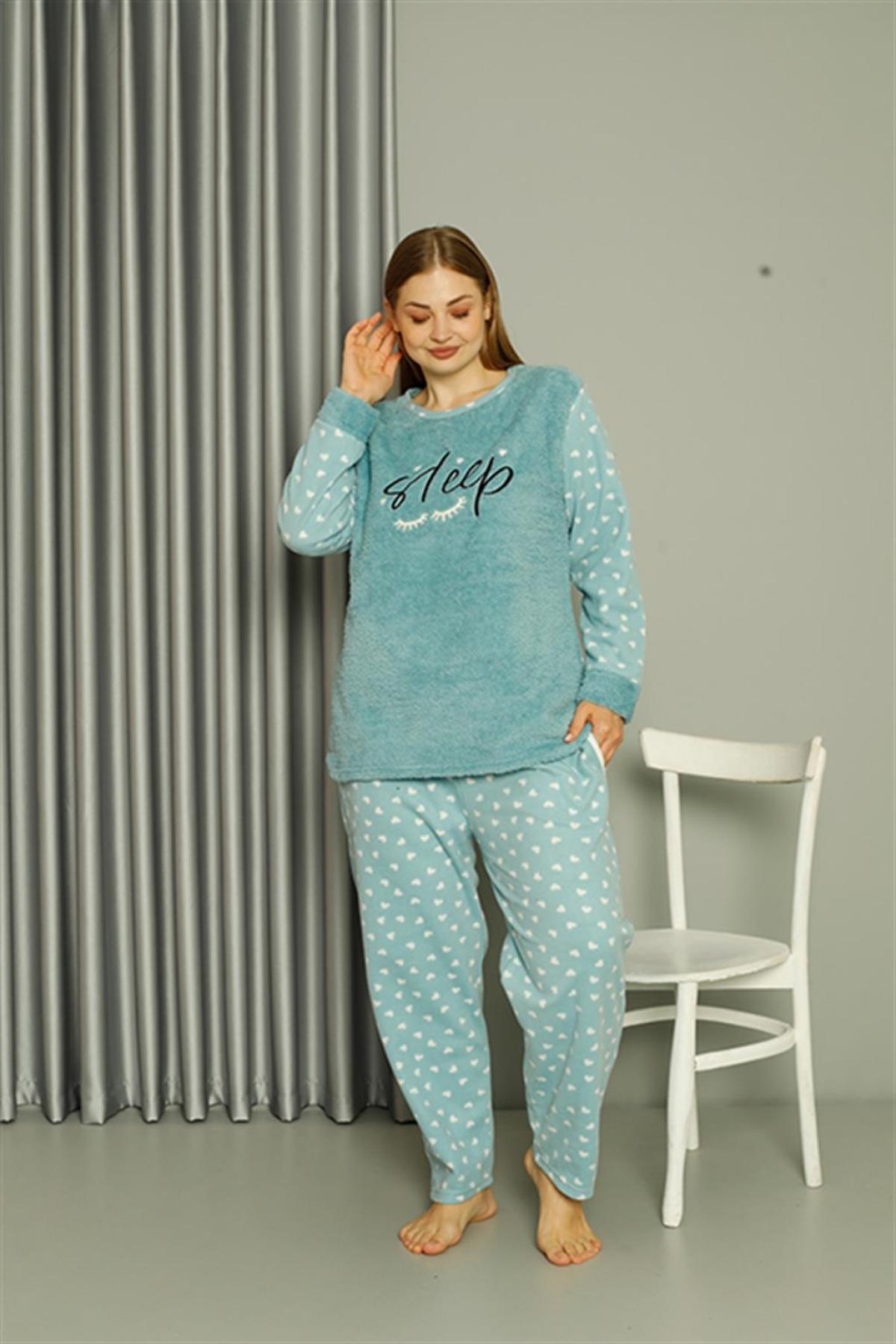 Welsoft Polar Kadın Büyük Beden Su Yeşili Pijama Takımı 808046 Su Yeşili