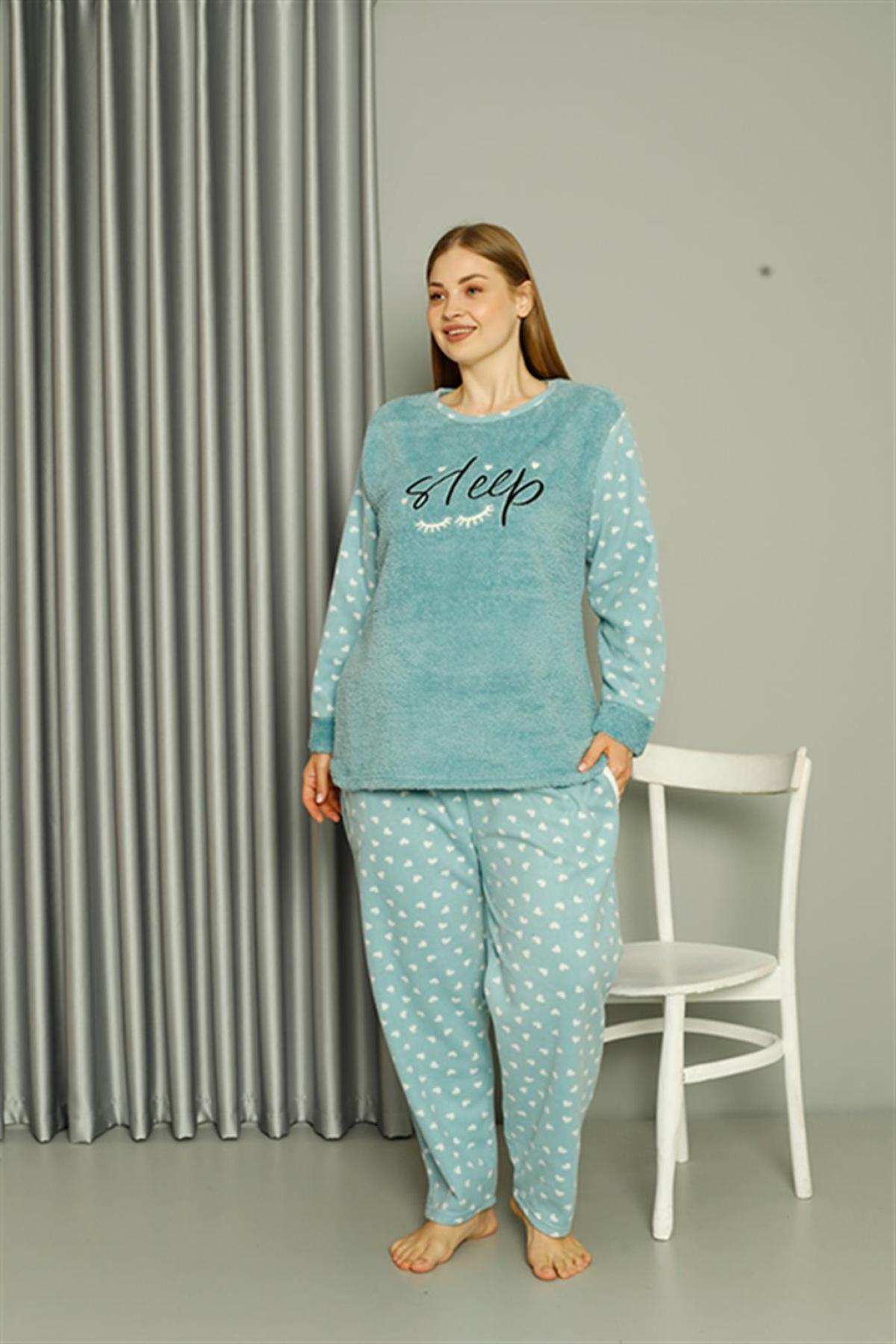 Welsoft Polar Kadın Büyük Beden Su Yeşili Pijama Takımı 808046 Su Yeşili