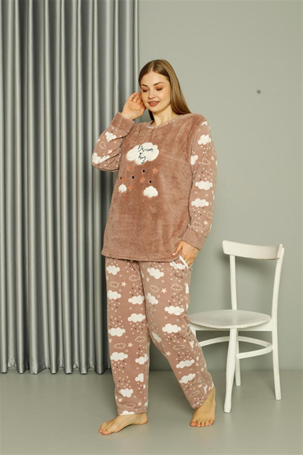 Welsoft Polar Kadın Büyük Beden Sütlü Kahve Pijama Takımı 808044 Sütlü Kahve