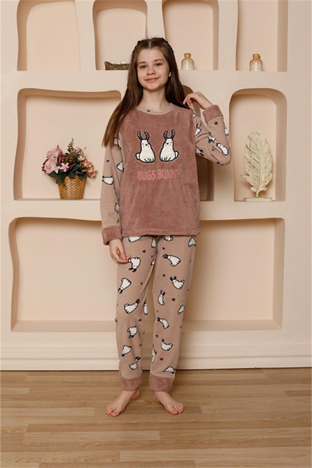 Kız Çocuk WelSoft Polar Vizon Pijama Takımı 20524 Vizon