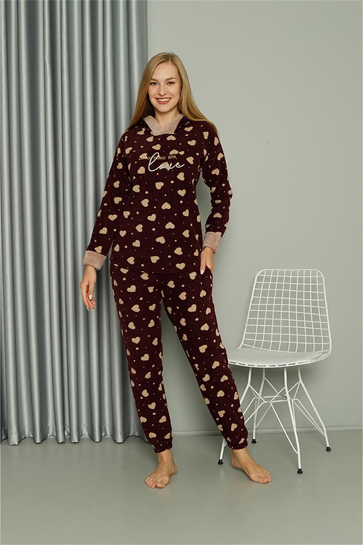 Welsoft Polar Kadın Kapşonlu Pijama Takımı 8513 Bordo