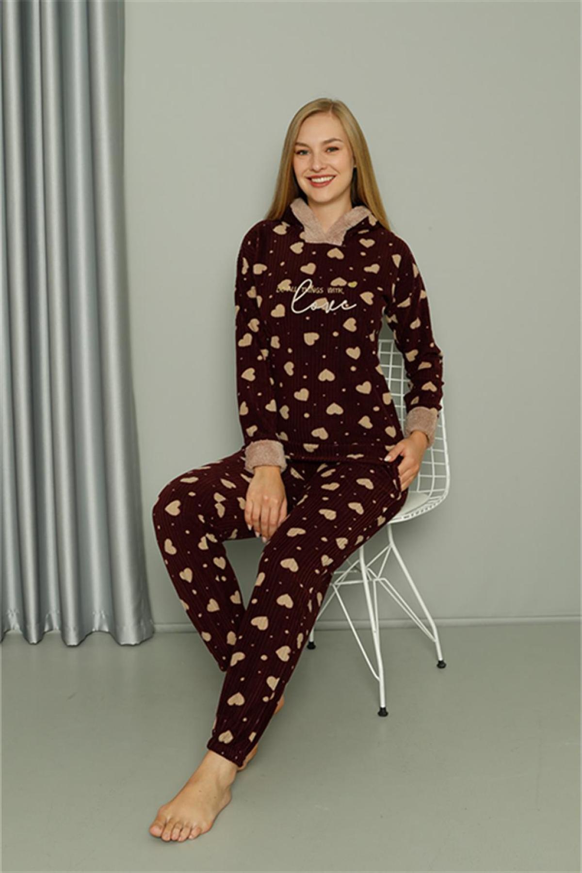 Welsoft Polar Kadın Kapşonlu Pijama Takımı 8513 Bordo