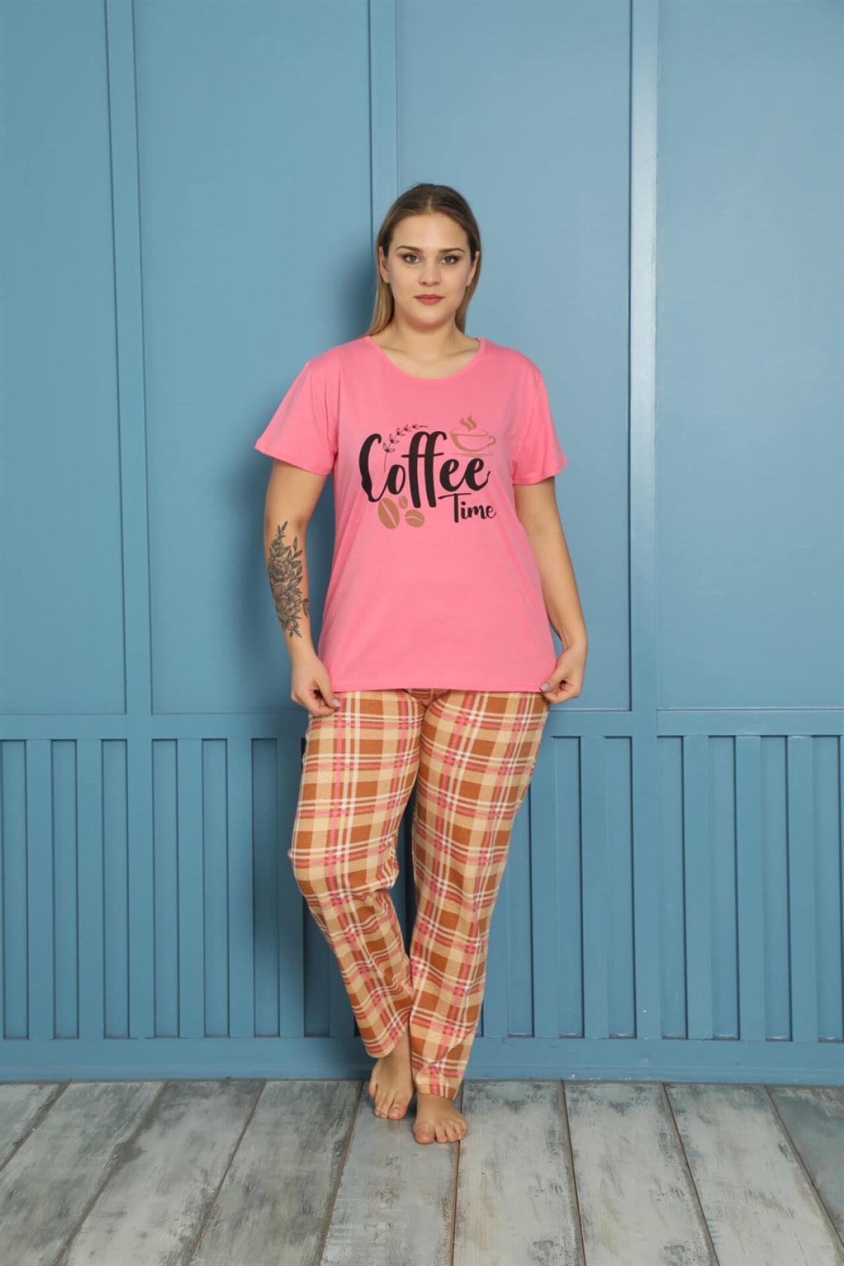 Kadın %100 Pamuk Kısa Kol Büyük Beden Pijama Takım 202156 Pembe