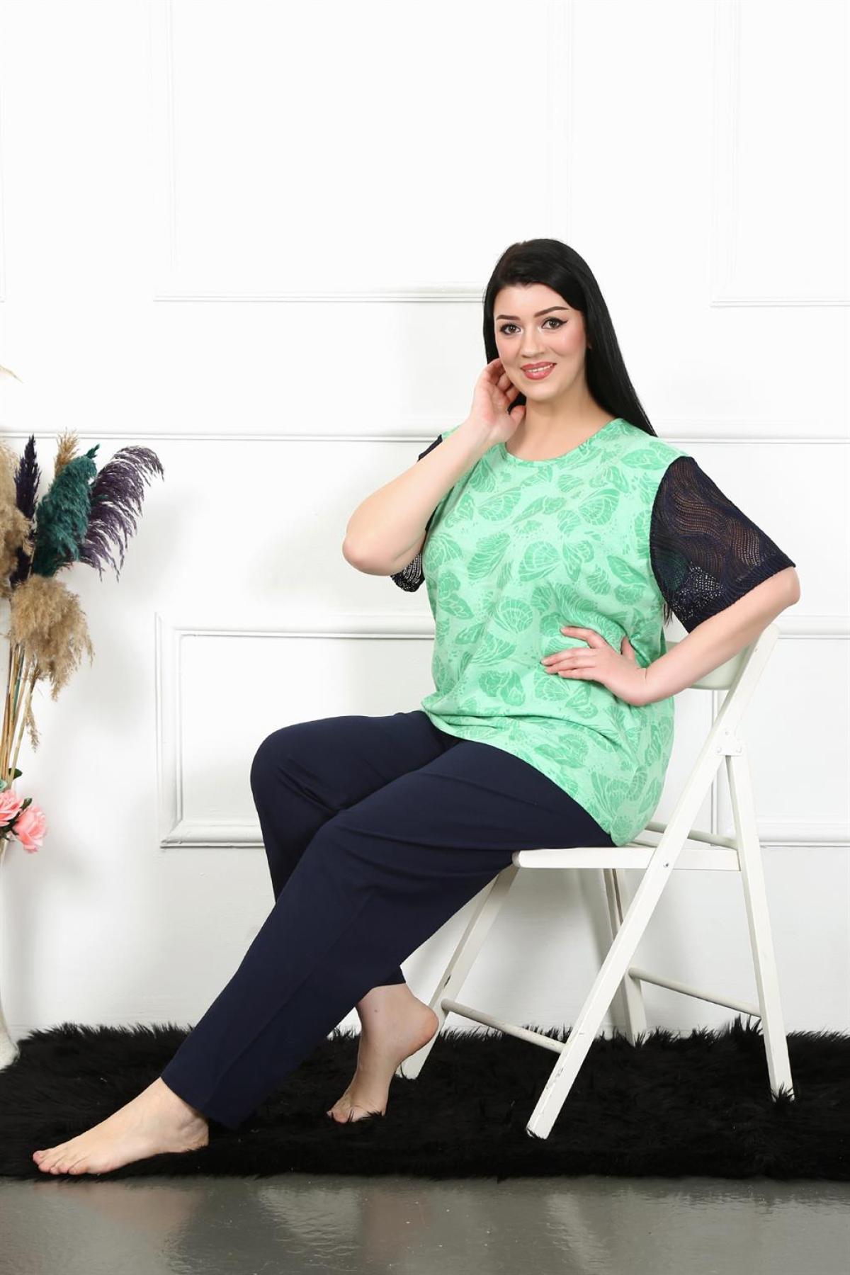 Kadın 5XL-6XL-7XL-8XL Büyük Beden Kısa Kol Pijama Takım 75004 Yeşil