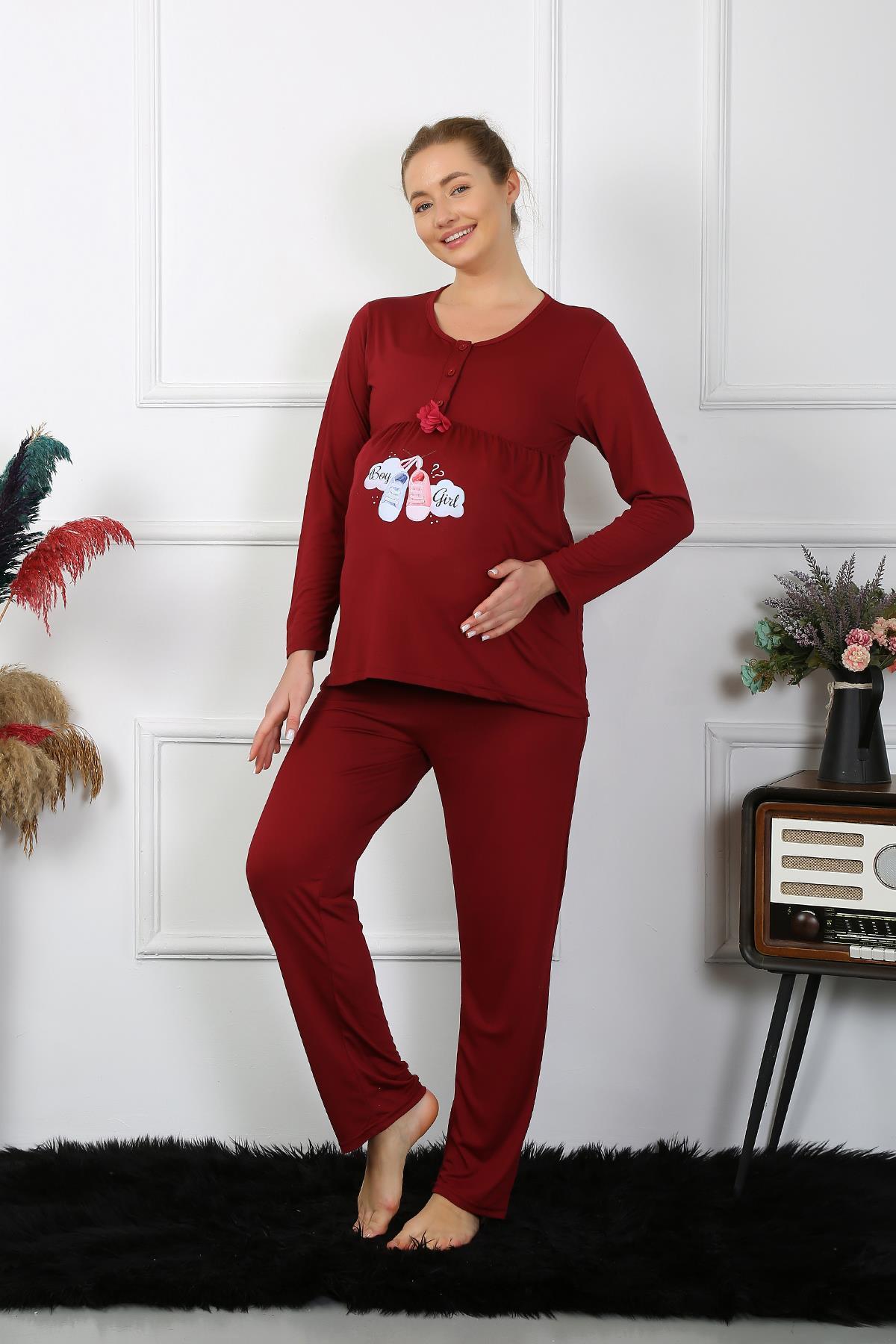 Kadın Uzun Kol Hamile Lohusa Pijama Takımı Bordo 45501 BORDO