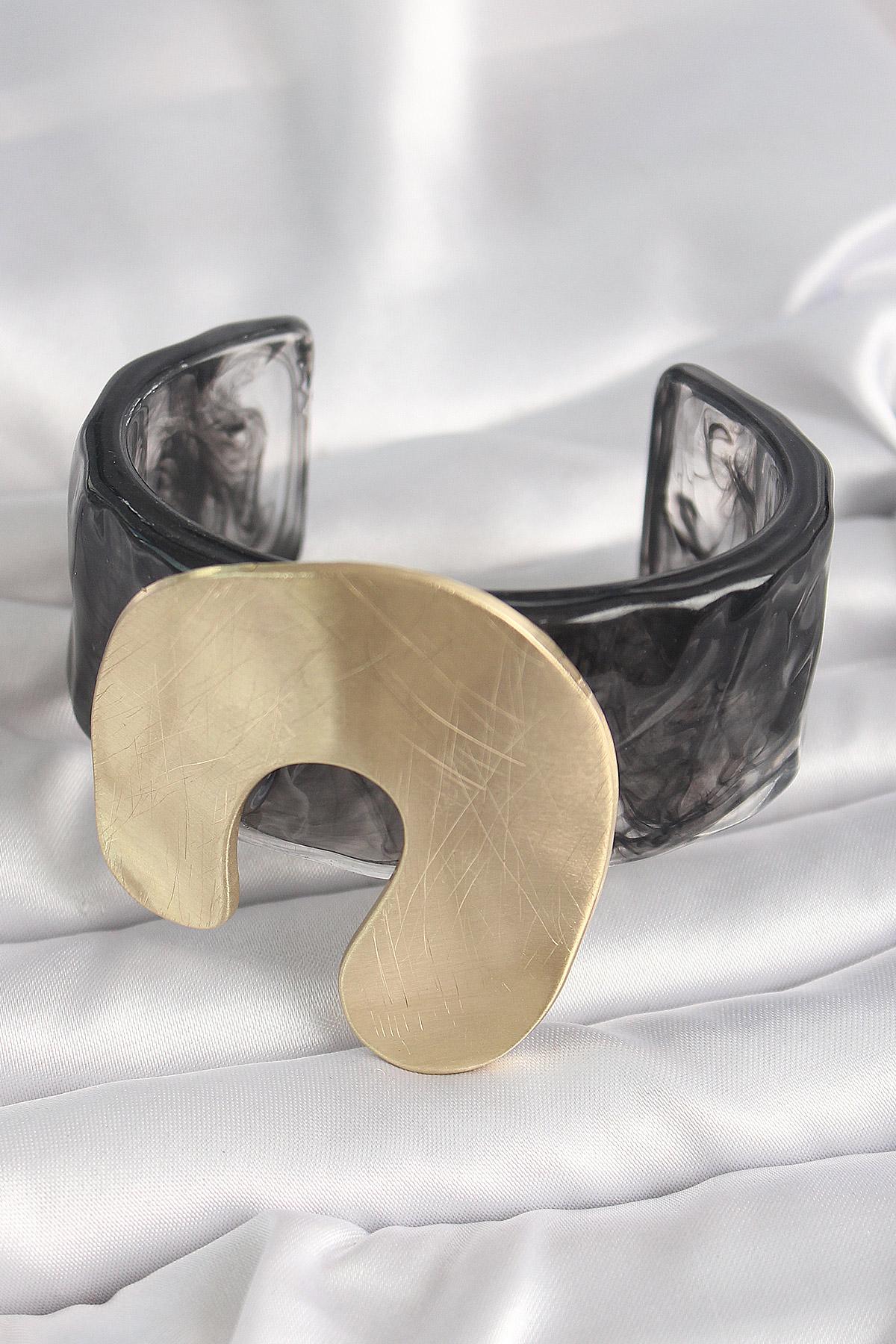 Siyah Mermer Desen Akrilik Plastik Gold Nal Model Plaka Vintage Kadın Bilezik